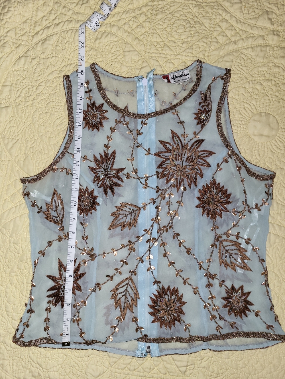 Sheer Embroidered Top in Light Blue with Bronze Floral Accents